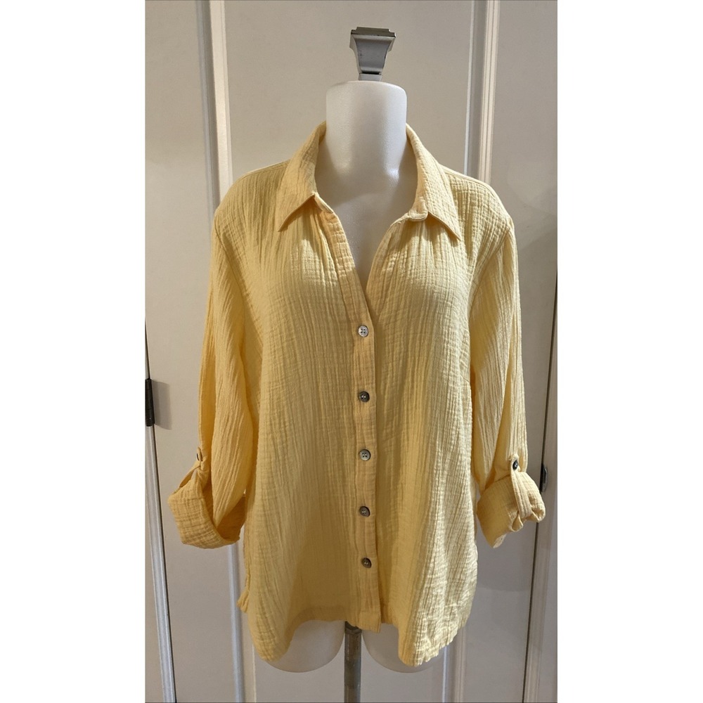 Soft Surroundings Yellow Crinkle Gauze Button Front‎ Roll Tab Sleeve Shirt - XLP